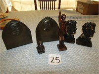6- PIECES ABRAHAM LINCOLN- BOOK ENDS, FIGURINES [