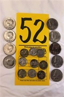 9 silver nickels; 9 Kennedy half dollars
