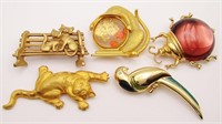 5-VINTAGE GOLD TONED ANIMAL BROOCHES: LC-JJ