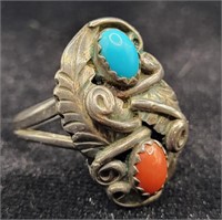 Southwestern Silver, Coral & Turquoise Ring