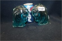 GLASS TURQOUISE COLORED HORSE HEADS BOOK ENDS