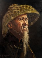 Chinese Man in Hat Portrait O/C Signed
