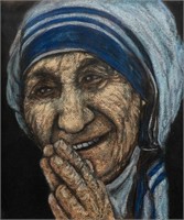 Signed C. W. Henderson Mother Teresa Pastel on Pap