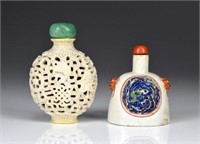 TWO CHINESE MOULDED PORCELAIN SNUFF BOTTLES