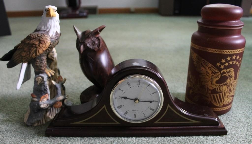 Porcelain Bald Eagle w/ Wooden Owl, Clock & Jar