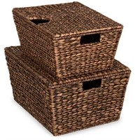 2 XL Woven Baskets w/ Lid  Handle Hole