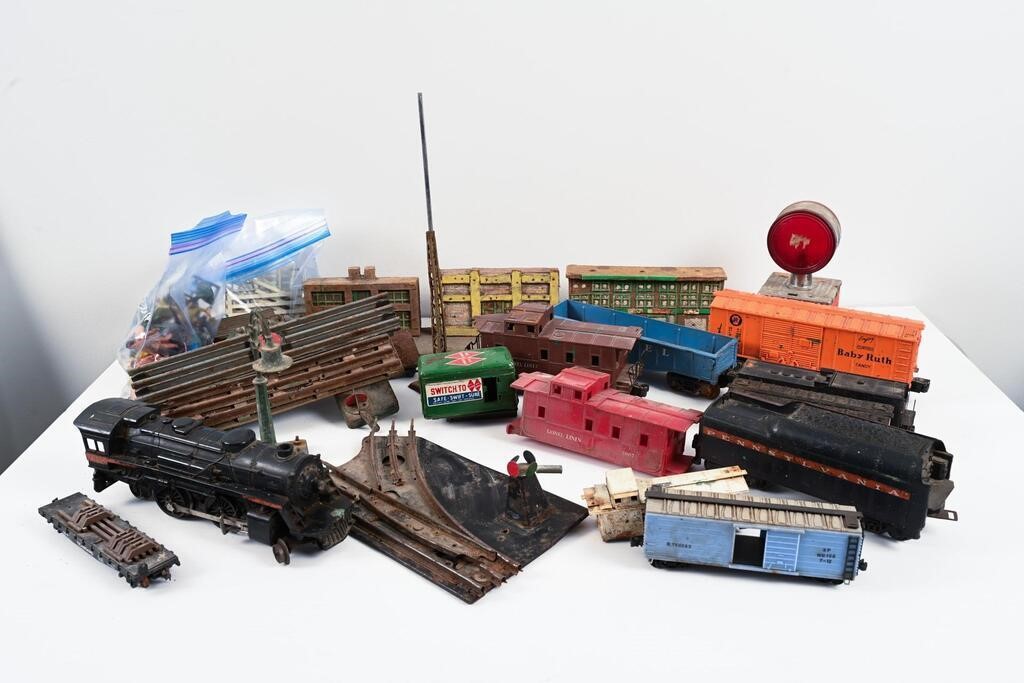 LOT OF ASSORTED ANTIQUE TRAINS, TRACK AND