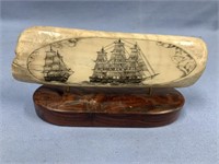 Beautiful scrimshawed fossilized walrus ivory port