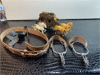Vintage western cowboy metal spurs and belt