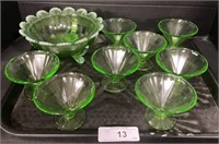 8 Uranium Cocktail Glasses, Depression Glass Bowl.