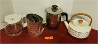 Coffee, tea pots and vintage flour sifter