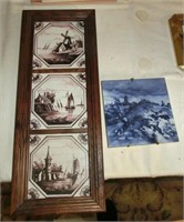 3 framed & 1 loose antique tile