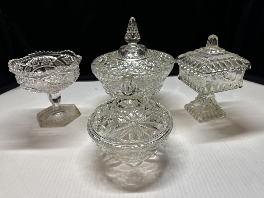 Vtg 4 candy Dishes clear glass 
One missing lid