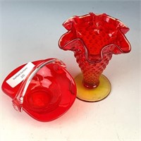 Fenton Red Basket & Vase Lot