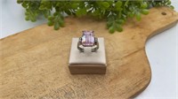 .925 Sterling Silver Large Pink Topaz Stone Ring,