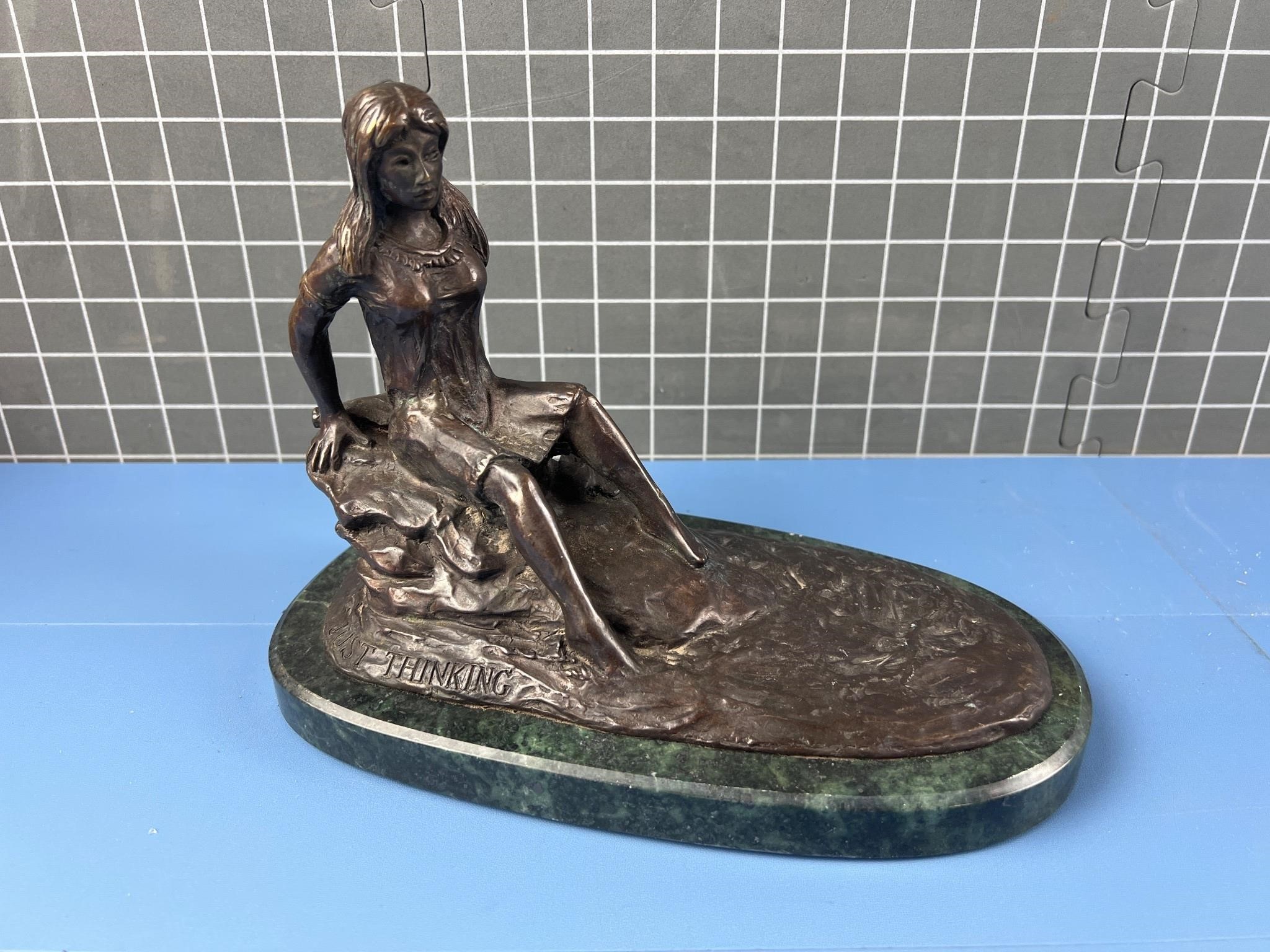 BRONZE & MARBLE STATUE “JUST THINKING“ SIGNED