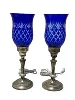 Pair of Colbalt Cut Glass Silverplate Lamps