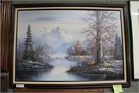 Acrylic on canvas of winter waterside mountain