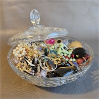 Covered Crystal Dish w/ Jewelry Parts & Pieces