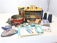 Craft lot with organizer and tin with contents -