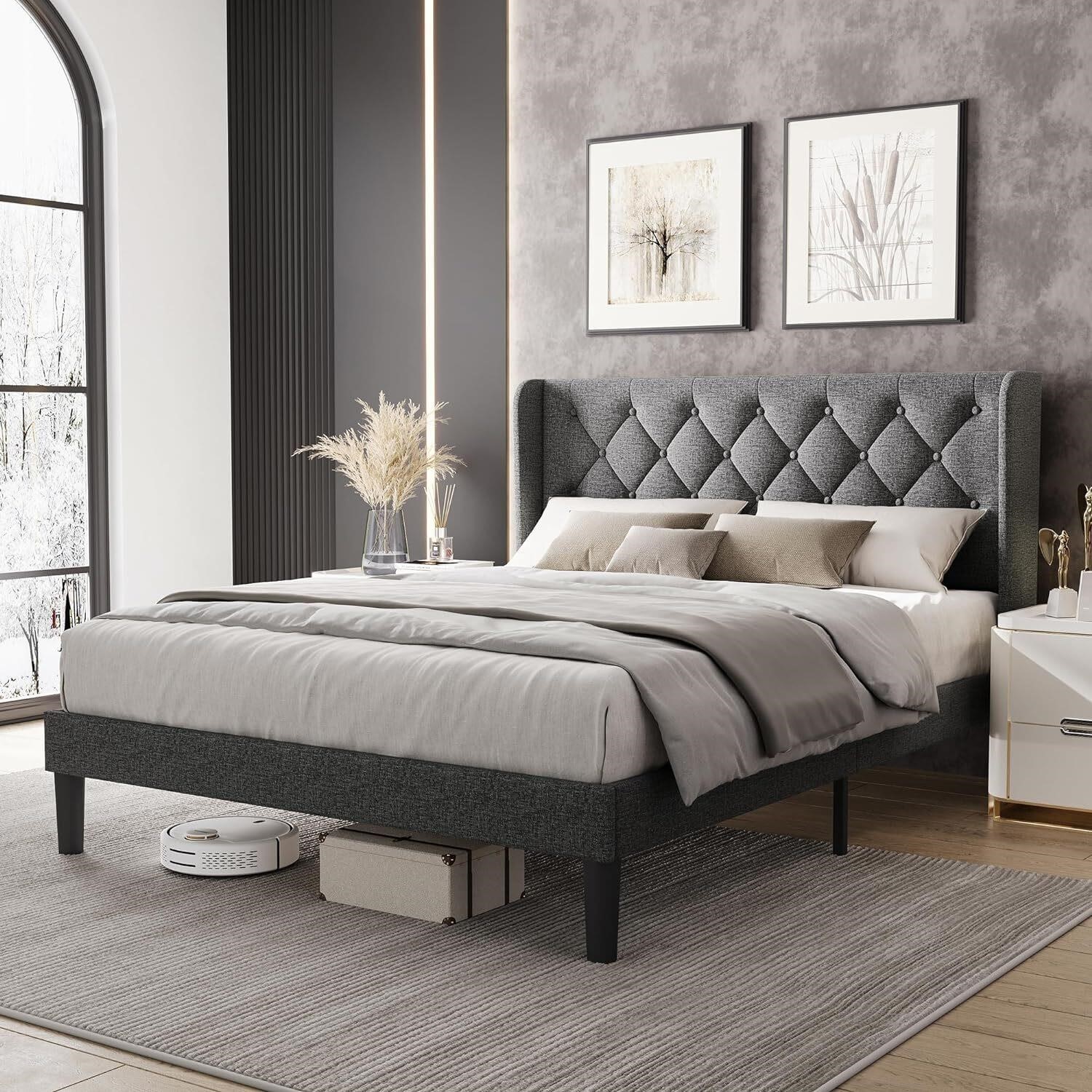 Queen Bed Frame with Headboard  Linen Upholstered