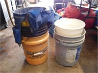 Five 5 gallon buckets, one w/ tool caddy, one w/