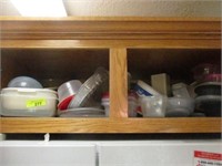 All plastic items above fridge
