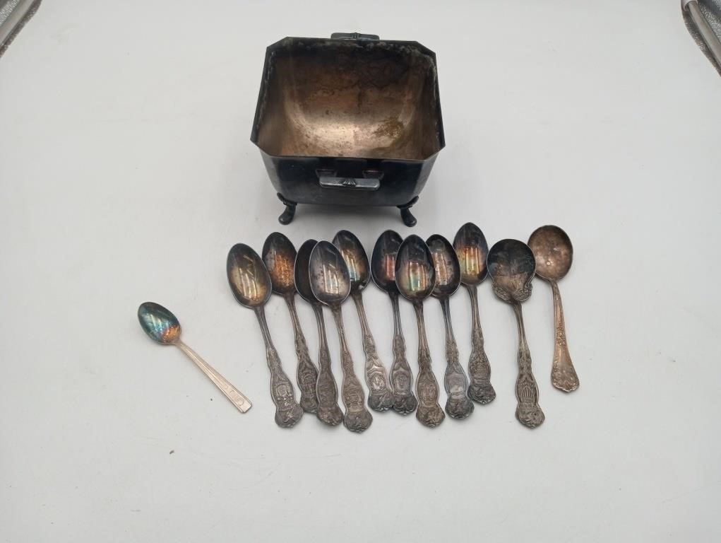 Silver Footed Bowl & US State spoons NOT STERLING