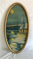 20" Antique Oval Winter Scene Print