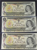 3x Canada $1 Consecutive Serial Bills UNC