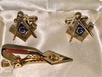 RARE MASONIC FREEMASON GOLD TIE CLIP / CUFF LINKS