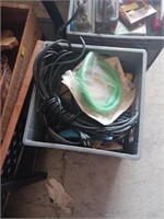 MILK CRATE OF  HOSE,CORD,GLOVES,MISC