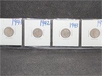 Lot of 4 Mercury Dimes: 1941, 1942, 1943, & 1944