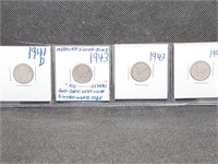 Lot of 4 Mercury Dimes: 1941 D, 2- 1943, & 1944