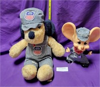 PLUSH TOY DOG & MOUSE COIN BANK W/ U.P. OVERALLS