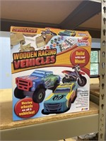 set of 3 wooden racing vehicles with paint new