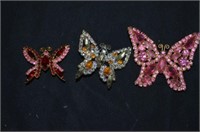 (3) MULTICOLOR RHINESTONE BUTTERFLY BROOCHES