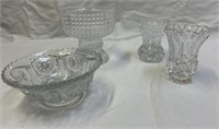 Pressed glass- 2 toothpick holders, 4" fruit bowl,