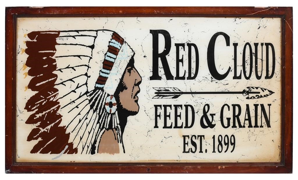 REVERSE PAINTED RED CLOUD FEED & GRAIN ADVERTISING