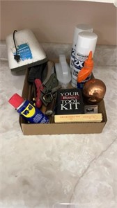 Flat of misc tools, spray paint, and more