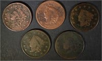 5 - LARGE CENTS G/VG; 1820, 1834, 1834,