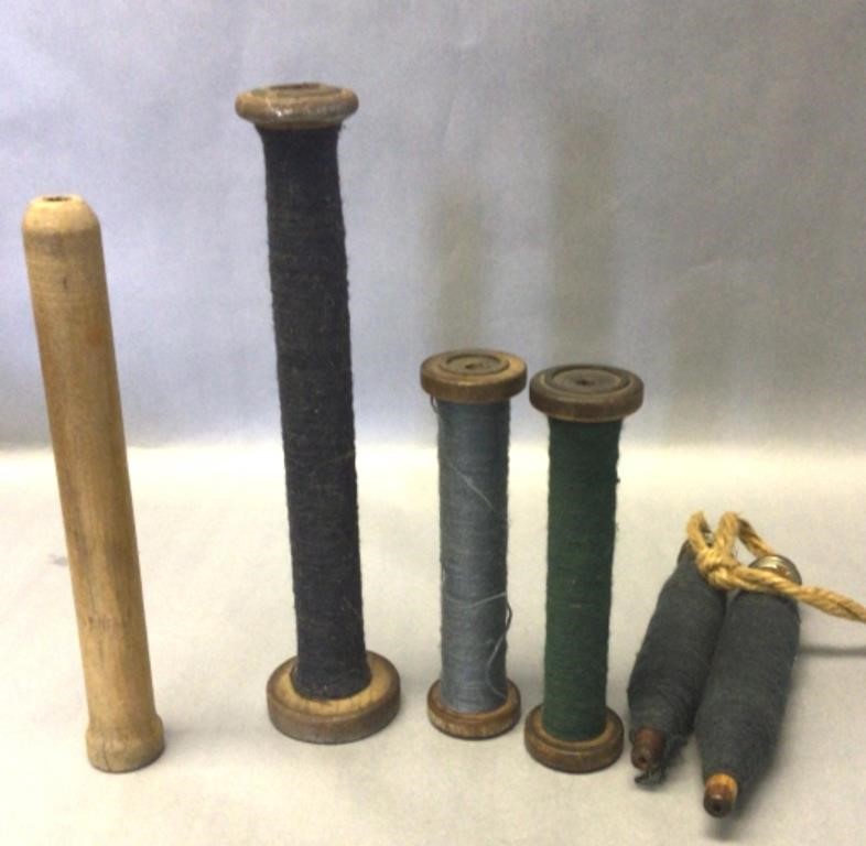 4 thread spools and loom spindle