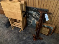 Set of wooden TV trays, pictures, wood shelf