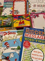 Basket full puzzle books, crayons- all