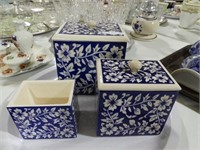 3PC BLUE AND WHITE COVERED BOXES