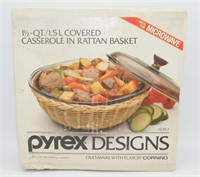 Vintage Pyrex Casserole Dish In Rattan Basket