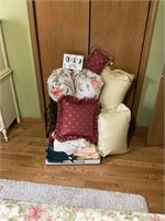 Miscellaneous bedding, pillows and shoe rack