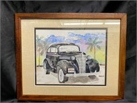 Koa framed signed water color of classic car