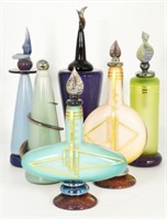 Lot of 6 Deco Style Art Glass Bottles w/ Stoppers.