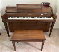 Baldwin spinet piano, bench, music